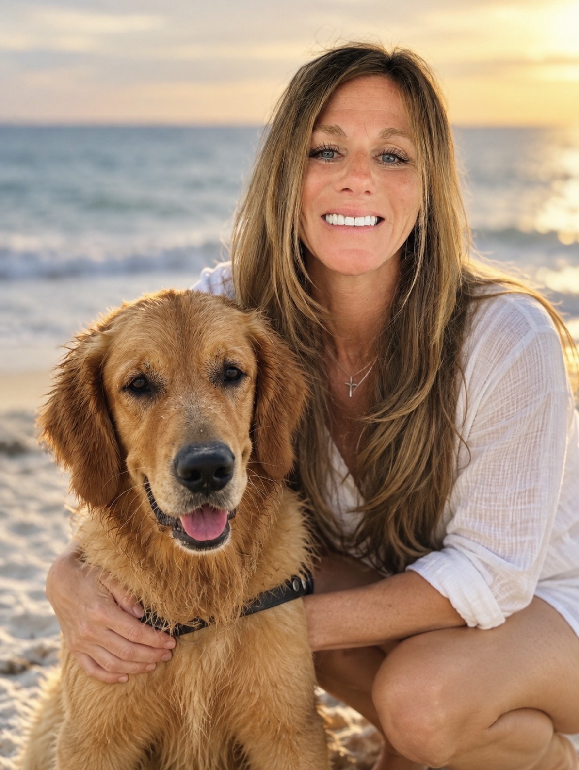 Alicia Parkins with her golden retriever on the beach